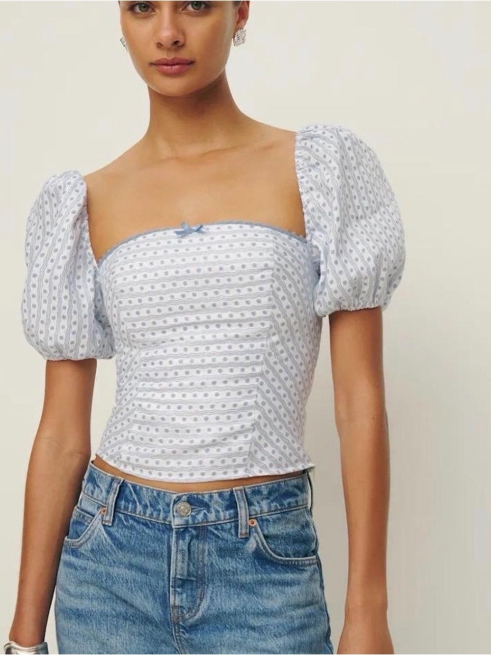 Reformation Marella Linen Square-Neck Puff Sleeve Crop Top in Light Blue